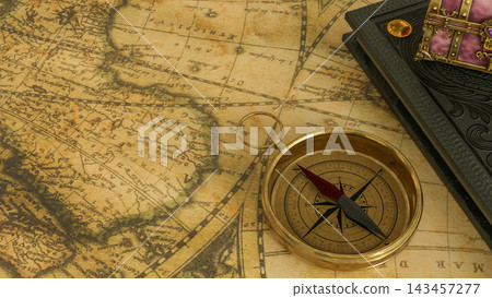 Vintage Compass On Ancient Treasure Map 3d render. Vintage Compass On Ancient Treasure Map 3d render. 143457277