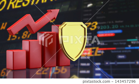 Investment Growth Chart with a Golden Shield and Rising Arrow 3d render. Investment Growth Chart with a Golden Shield and Rising Arrow 3d render. 143457296