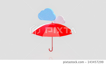 Red Umbrella Beneath Colorful Clouds on a Minimal White Background 3d render. Red Umbrella Beneath Colorful Clouds on a Minimal White Background 3d render. 143457299