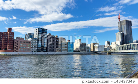 東京墨田區的墨田川,以及映照在藍天中的河畔街景。 東京墨田區的墨田川,以及映照在藍天中的河畔街景。 143457349