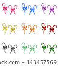 Colorful candy canes with matching ribbons, 9 color variations set, 3D rendering. 143457569