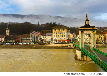Winter Seyssel townscape with suspension bridge on Rhone river Winter Seyssel townscape with suspension bridge on Rhone river 143458028