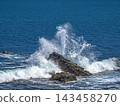 ocean waves crashing against jagged rocks 143458270