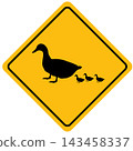 Caution duck crossing. Ducks crossing sign. Duck and ducklings crossing warning triangle.  flat style. 143458337