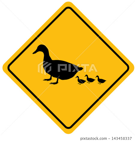 Caution duck crossing. Ducks crossing sign. Duck and ducklings crossing warning triangle.  flat style. 143458337