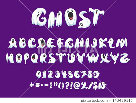 Halloween ghost font, scary spirit letters, funny creepy typeface characters. Vector playful spooky abc letters, numbers and signs, monster typeface, cartoon evil type, funny holiday English alphabet Halloween ghost font, scary spirit letters, funny creepy typeface characters. Vector playful spooky abc letters, numbers and signs, monster typeface, cartoon evil type, funny holiday English alphabet 143459115
