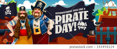 Pirate day banner with funny corsairs and filibusters with looted treasures. International Talk Like a Pirate Day banner with friendly pirate captains on ship deck. Holiday banner for social media Pirate day banner with funny corsairs and filibusters with looted treasures. International Talk Like a Pirate Day banner with friendly pirate captains on ship deck. Holiday banner for social media 143459124