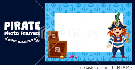 Kids photo frame with funny pirate girl captain. Nautical border design featuring wooden treasure crates, colorful gems and green parrot. Pirate photo frame for birthday photo borders and invitations Kids photo frame with funny pirate girl captain. Nautical border design featuring wooden treasure crates, colorful gems and green parrot. Pirate photo frame for birthday photo borders and invitations 143459140