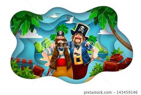Cartoon paper cut banner with pirate captain and boatswain sailors with treasures. Layered papercraft background featuring corsairs, treasure chests, barrels and seagulls for kids storybook covers Cartoon paper cut banner with pirate captain and boatswain sailors with treasures. Layered papercraft background featuring corsairs, treasure chests, barrels and seagulls for kids storybook covers 143459146