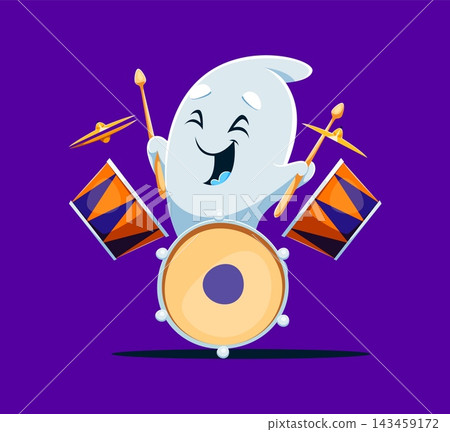 Kawaii ghost playing on drums, Halloween cartoon character and cute spooky phantom spirit. Funny kawaii ghost or baby boo eerie play music on percussion with happy face for Halloween holiday personage Kawaii ghost playing on drums, Halloween cartoon character and cute spooky phantom spirit. Funny kawaii ghost or baby boo eerie play music on percussion with happy face for Halloween holiday personage 143459172