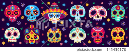 Mexican Day of the Dead sugar skulls face masks. Dia de Los Muertos Mexico festival calavera skeleton heads with vibrant folklore ornaments and floral details for holiday sale banners Mexican Day of the Dead sugar skulls face masks. Dia de Los Muertos Mexico festival calavera skeleton heads with vibrant folklore ornaments and floral details for holiday sale banners 143459178
