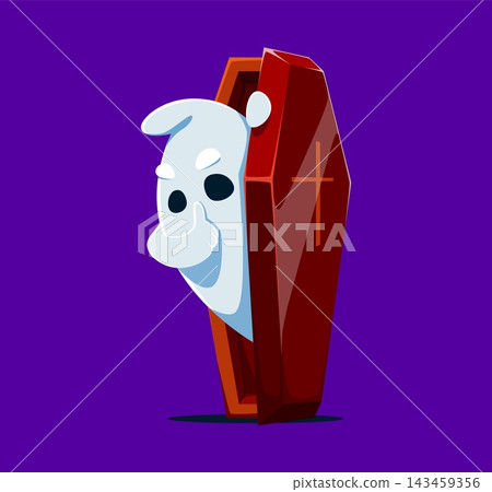 Kawaii ghost with coffin for Halloween holiday cute cartoon character or funny boo phantom. Spooky kawaii ghost playing hide and seek in coffin with tss gesture for Halloween horror night personage Kawaii ghost with coffin for Halloween holiday cute cartoon character or funny boo phantom. Spooky kawaii ghost playing hide and seek in coffin with tss gesture for Halloween horror night personage 143459356