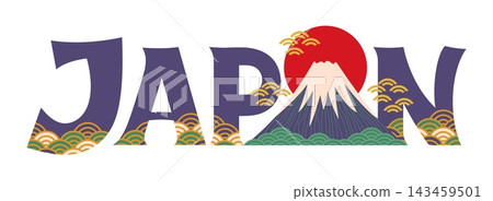Japan Fuji mountain retro postcard with cherry blossom pattern and red rising sun. Vector Japanese travel bold lettering with Mount Fuji, decorative wave ornaments, snow covered volcanic peak and sun Japan Fuji mountain retro postcard with cherry blossom pattern and red rising sun. Vector Japanese travel bold lettering with Mount Fuji, decorative wave ornaments, snow covered volcanic peak and sun 143459501