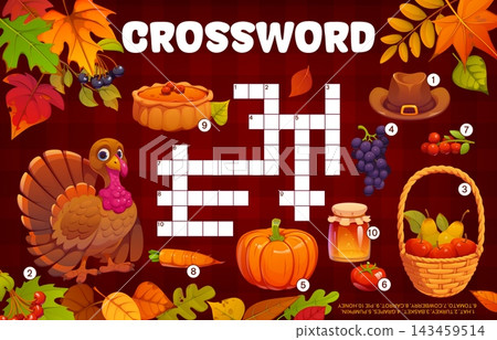 Autumn and Thanksgiving crossword quiz grid. Fall word puzzle featuring turkey, pumpkin, pilgrim hat, honey jar, grapes and pie. Vibrant crossword quiz grid with fall leaves for Thanksgiving worksheet 143459514