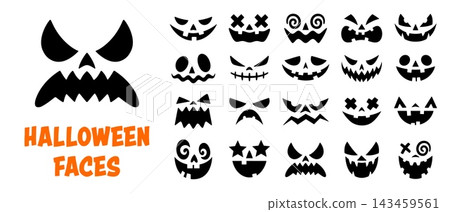 Scary Halloween pumpkin emoji faces for lantern and ghost characters. Vector set of black frightening monster facial expressions with angry eyes, sharp teeth, grinning mouths, spiral pupils or crosses Scary Halloween pumpkin emoji faces for lantern and ghost characters. Vector set of black frightening monster facial expressions with angry eyes, sharp teeth, grinning mouths, spiral pupils or crosses 143459561
