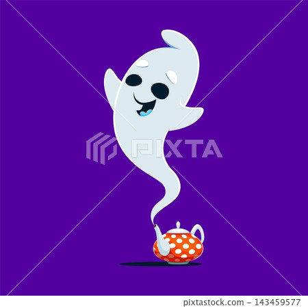 Cute kawaii ghost character swirling up from teapot spout. Cartoon ghost with wide smiling expression and happy eyes for Halloween party invitation and playful seasonal social media graphics Cute kawaii ghost character swirling up from teapot spout. Cartoon ghost with wide smiling expression and happy eyes for Halloween party invitation and playful seasonal social media graphics 143459577
