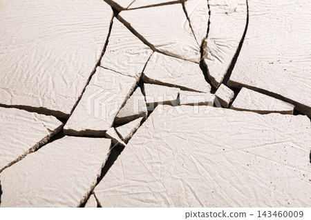 The ground surface displays a network of deep cracks in dry soil. This scene occurs in an area with bright sunlight and shows signs of low moisture content. The ground surface displays a network of deep cracks in dry soil. This scene occurs in an area with bright sunlight and shows signs of low moisture content. 143460009