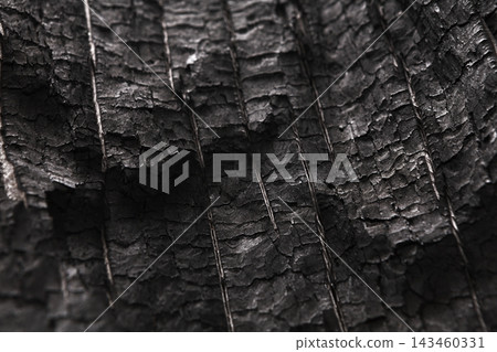 An up-close view of burnt wood showcases a range of cracks and textures. The surface reflects signs of heat damage and age, presenting a unique pattern of shallow grooves and deep ridges. 143460331