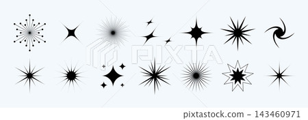 Shining twinkles, sparks and sparkles set. Blinking star sunburst shape collection. Magic light flare pack for design template, poster, banner, brochure, leaflet. Vector glint glitter illustration Shining twinkles, sparks and sparkles set. Blinking star sunburst shape collection. Magic light flare pack for design template, poster, banner, brochure, leaflet. Vector glint glitter illustration 143460971
