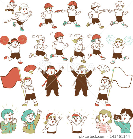 Retro-colored, hand-drawn style children's sports day set 143461344