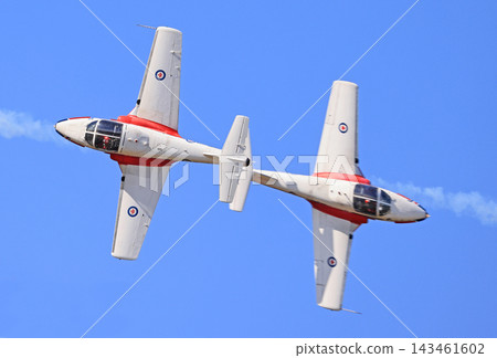 The Canadian Air Force Snowbirds jets team performing acrobatic figures on a blue sky The Canadian Air Force Snowbirds jets team performing acrobatic figures on a blue sky 143461602
