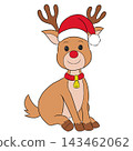 A reindeer sitting down wearing a Santa hat 143462062