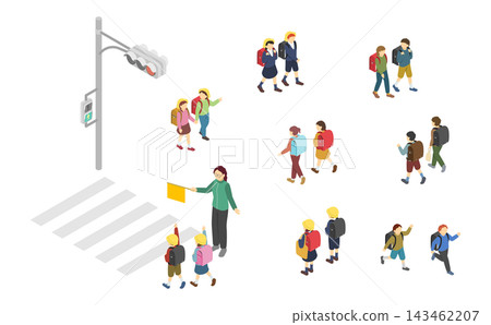 Isometric illustrations: Set of elementary school students going to and from school 143462207