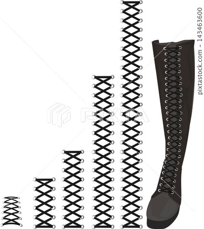Illustrations of boots, shoelace stitches and knots, and long boots. 143463600