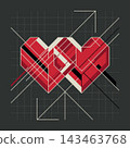 Abstract minimalist geometric linework of two overlapping red hearts with arrows on dark gray background modern retro style square template. 143463768