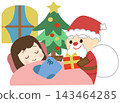 An icon illustration of Santa Claus giving a Christmas present to a sleeping child. 143464285
