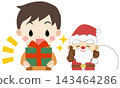 Icon illustration of a child happily receiving a present from Santa. 143464286
