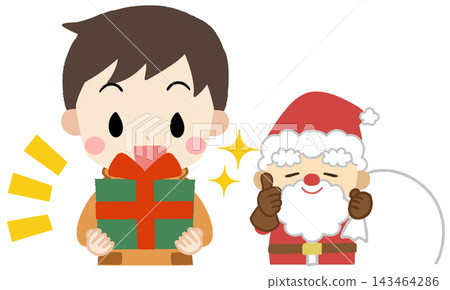 Icon illustration of a child happily receiving a present from Santa. Icon illustration of a child happily receiving a present from Santa. 143464286