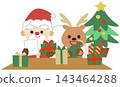 Icon illustration of Santa Claus and reindeer choosing presents for Christmas. 143464288