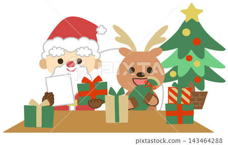 Icon illustration of Santa Claus and reindeer choosing presents for Christmas. Icon illustration of Santa Claus and reindeer choosing presents for Christmas. 143464288