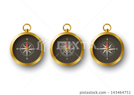 Compass Icon Set, 3d Vector Illustration. Simple Golden Magnetic Compass Icons with Black Dial, Isolated. Compass Collection. Direction and Travel Symbol Design Compass Icon Set, 3d Vector Illustration. Simple Golden Magnetic Compass Icons with Black Dial, Isolated. Compass Collection. Direction and Travel Symbol Design 143464751