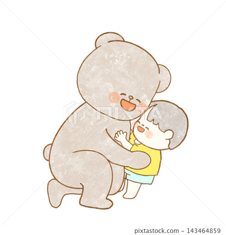 An illustration of a bear picking up a child. 143464859