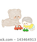 An illustration of a bear playing with a child and toys. 143464913