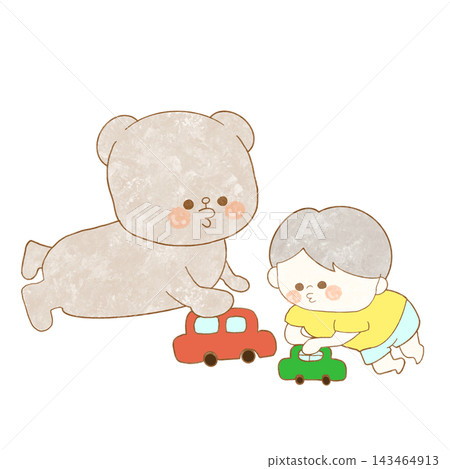 An illustration of a bear playing with a child and toys. An illustration of a bear playing with a child and toys. 143464913