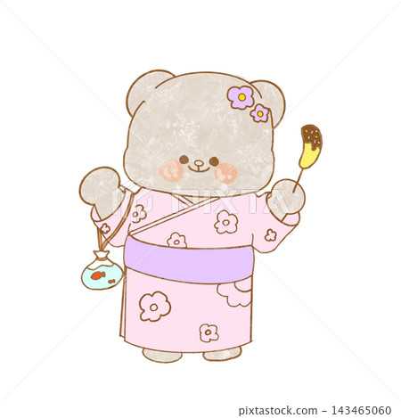 An illustration of a bear enjoying a summer festival while wearing a yukata. An illustration of a bear enjoying a summer festival while wearing a yukata. 143465060