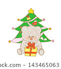An illustration of a bear opening presents in front of a Christmas tree. 143465063