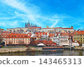 Prague Castle, a UNESCO World Heritage Site in Prague, Czech Republic, along with the Vltava River and the old town. 143465313