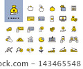 A simple yellow and blue money/finance line icon set (savings, cashless payments, investment, asset management). 143465548