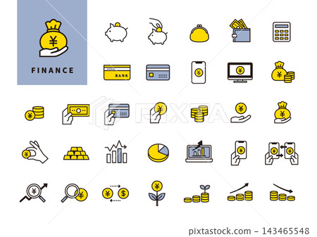 A simple yellow and blue money/finance line icon set (savings, cashless payments, investment, asset management). A simple yellow and blue money/finance line icon set (savings, cashless payments, investment, asset management). 143465548