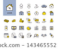A simple yellow and blue set of loan/financing line icons (mortgage, interest rate, repayment, contract). 143465552
