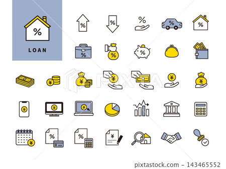 A simple yellow and blue set of loan/financing line icons (mortgage, interest rate, repayment, contract). A simple yellow and blue set of loan/financing line icons (mortgage, interest rate, repayment, contract). 143465552
