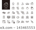 A simple black and white monochrome icon set for loan and financing lines (mortgage, interest rate, repayment, contract). 143465553