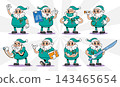 Santa claus wear green surgical scrubs as surgeon retro 1930s style rubber hose cartoon characters set for medical design, Vector illustration. 143465654