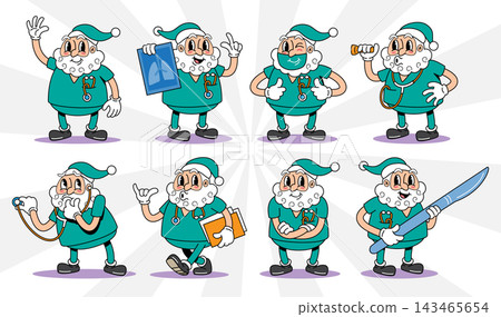 Santa claus wear green surgical scrubs as surgeon retro 1930s style rubber hose cartoon characters set for medical design, Vector illustration. Santa claus wear green surgical scrubs as surgeon retro 1930s style rubber hose cartoon characters set for medical design, Vector illustration. 143465654