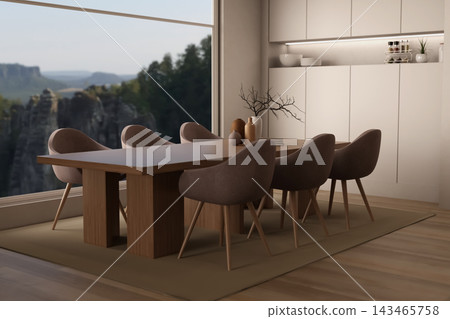 Luxury Dining Room Panoramic Mountain View Window Luxury Interior 143465758