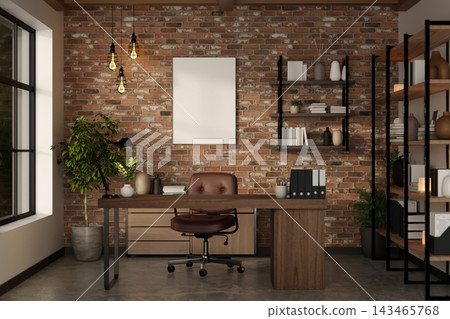 Industrial Home Office Desk Loft Workspace Brick Wall Mockup Industrial Home Office Desk Loft Workspace Brick Wall Mockup 143465768